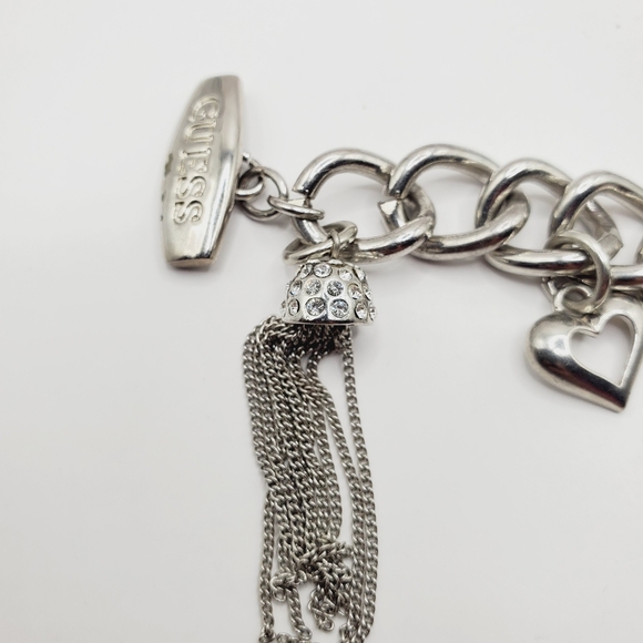 Guess Charm Bracelet Silver Tone Lock Key Heart Bow Pave Crystals - Picture 3 of 5